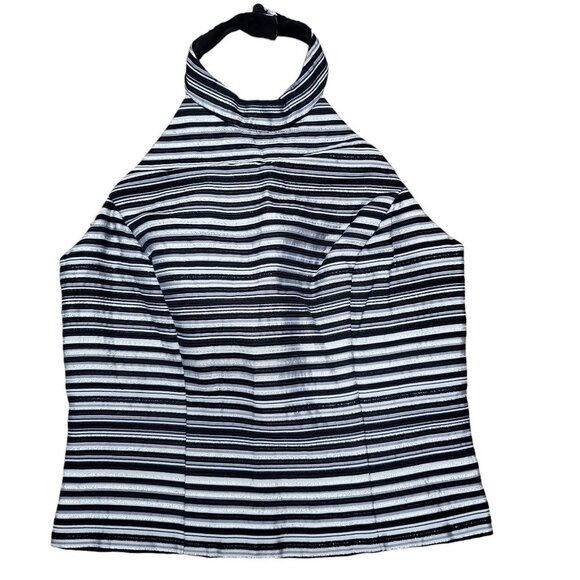 Xscape by Lawrence Kurtz‎ Women's 90s Black Silver Metallic Stripe Halter Top 8 - Picture 1 of 6